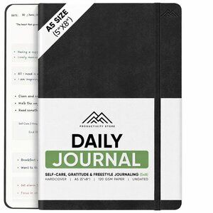 Daily Gratitude Journal A5 Undated Self Care Planner w/ Prompts Black
